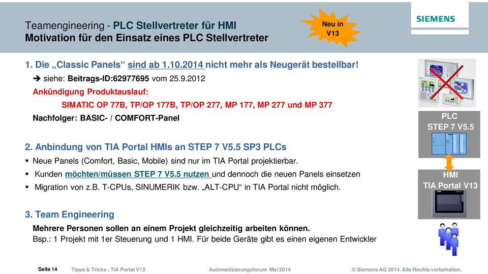 Anbindung von TIA Portal HMIs an STEP 7 V5.5 SP3 PLCs Neue Panels (Comfort, Basic, Mobile) sind nur im TIA Portal projektierbar. Kunden möchten/müssen STEP 7 V5.
