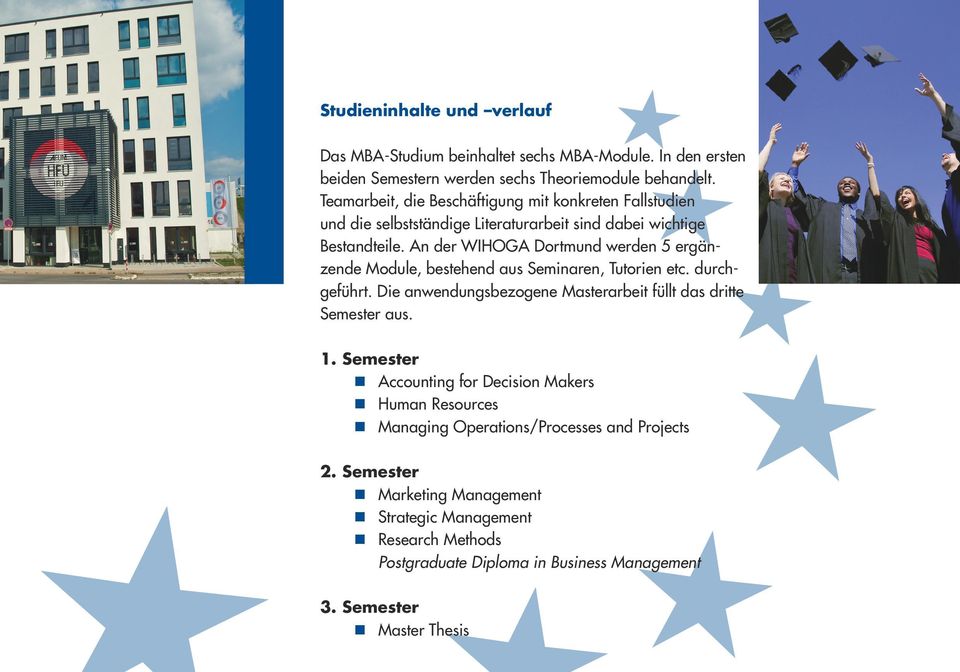 An der WIHOGA Dortmund werden 5 ergänzende Module, bestehend aus Seminaren, Tutorien etc. durchgeführt. Die anwendungsbezogene Masterarbeit füllt das dritte Semester aus.