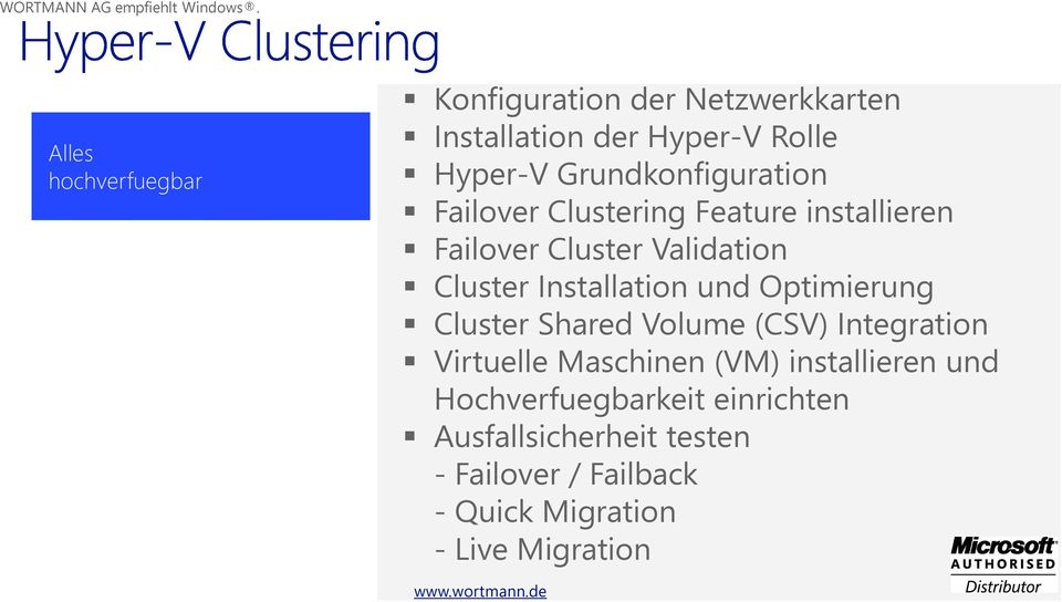 Installation und Optimierung Cluster Shared Volume (CSV) Integration Virtuelle Maschinen (VM)