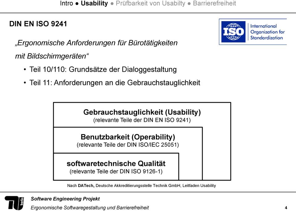 Benutzbarkeit (Operability) (relevante Teile der DIN ISO/IEC 25051) softwaretechnische Qualität (relevante Teile der DIN ISO