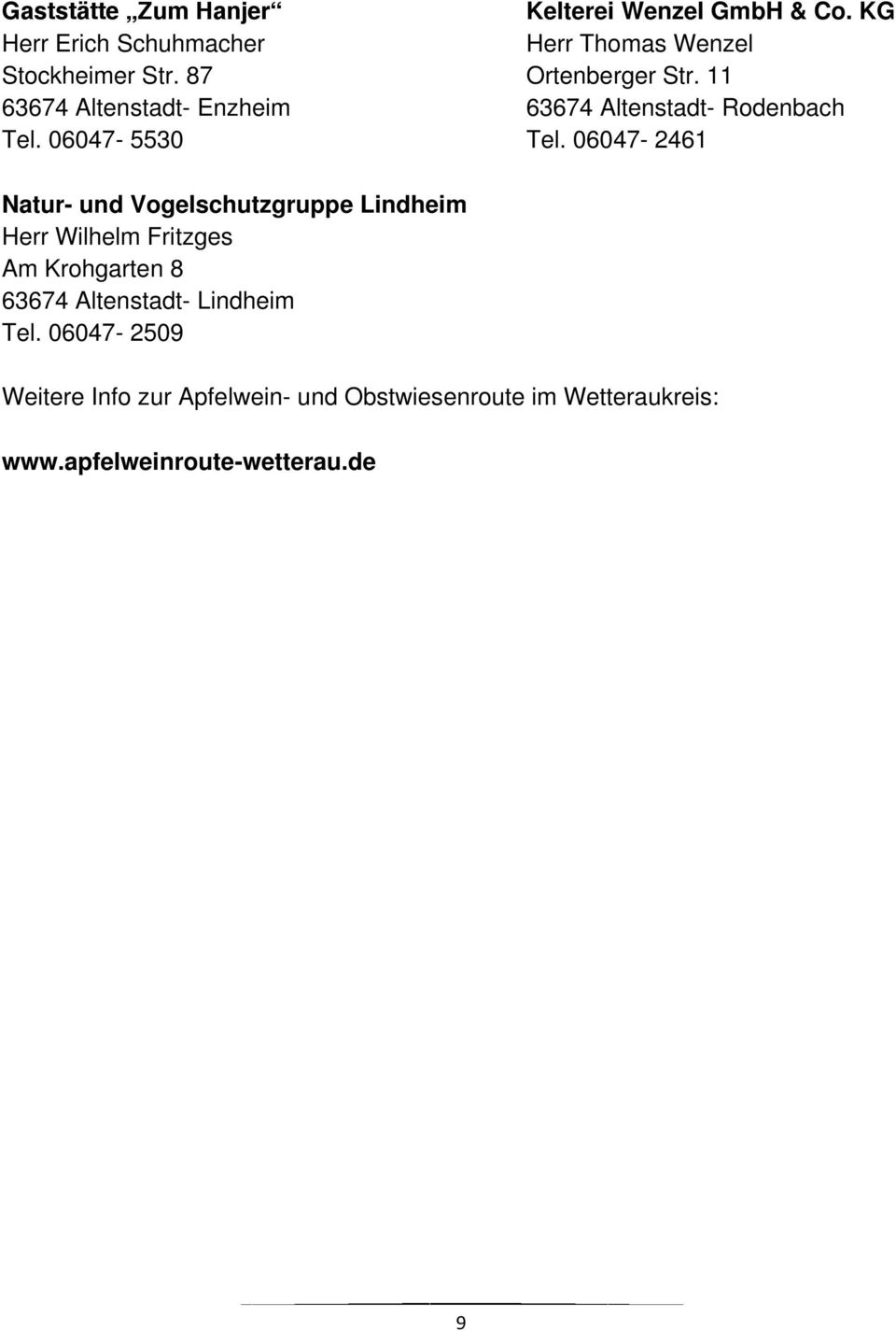 06047-2461 Natur- und Vogelschutzgruppe Lindheim Herr Wilhelm Fritzges Am Krohgarten 8 63674 Altenstadt-