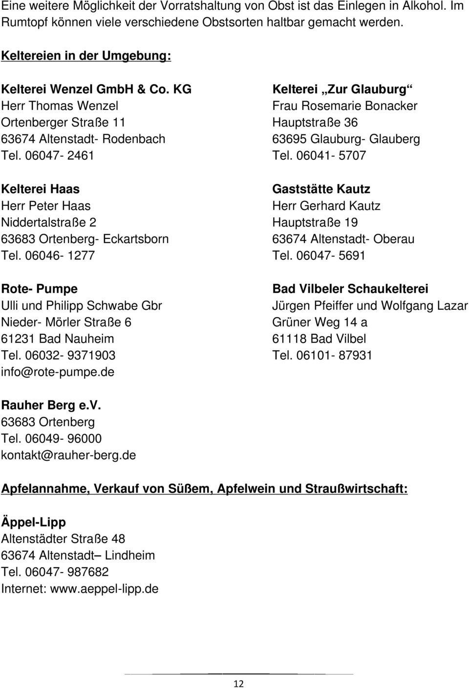 KG Kelterei Zur Glauburg Herr Thomas Wenzel Frau Rosemarie Bonacker Ortenberger Straße 11 Hauptstraße 36 63674 Altenstadt- Rodenbach 63695 Glauburg- Glauberg Tel. 06047-2461 Tel.
