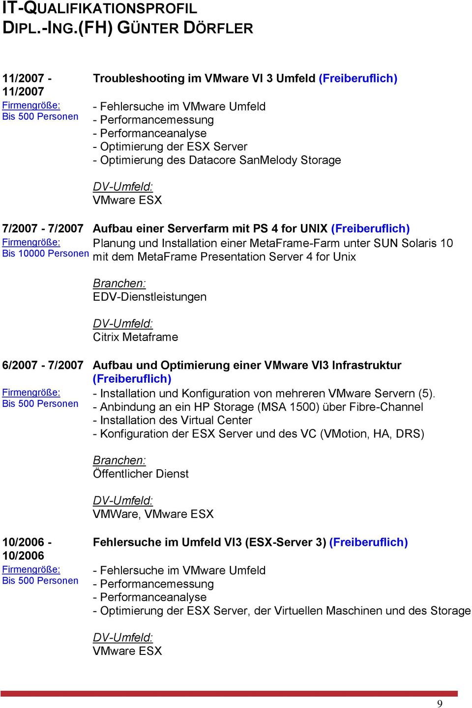SUN Solaris 10 Bis 10000 Personen mit dem MetaFrame Presentation Server 4 for Unix EDV-Dienstleistungen Citrix Metaframe 6/2007-7/2007 Aufbau und Optimierung einer VMware VI3 Infrastruktur
