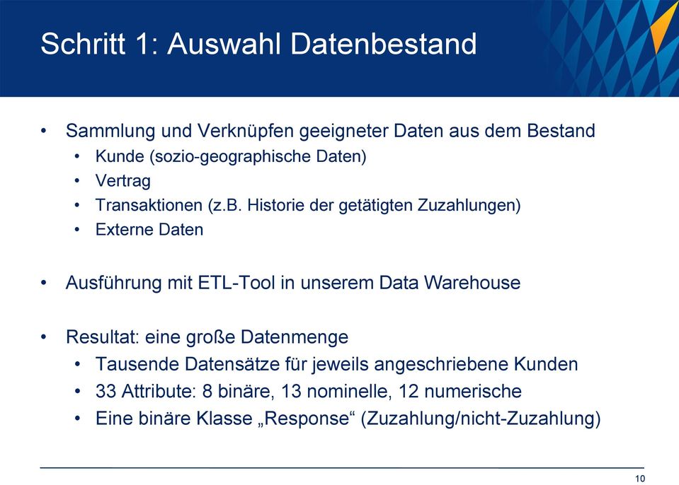 Historie der getätigten Zuzahlungen) Externe Daten Ausführung mit ETL-Tool in unserem Data Warehouse Resultat: