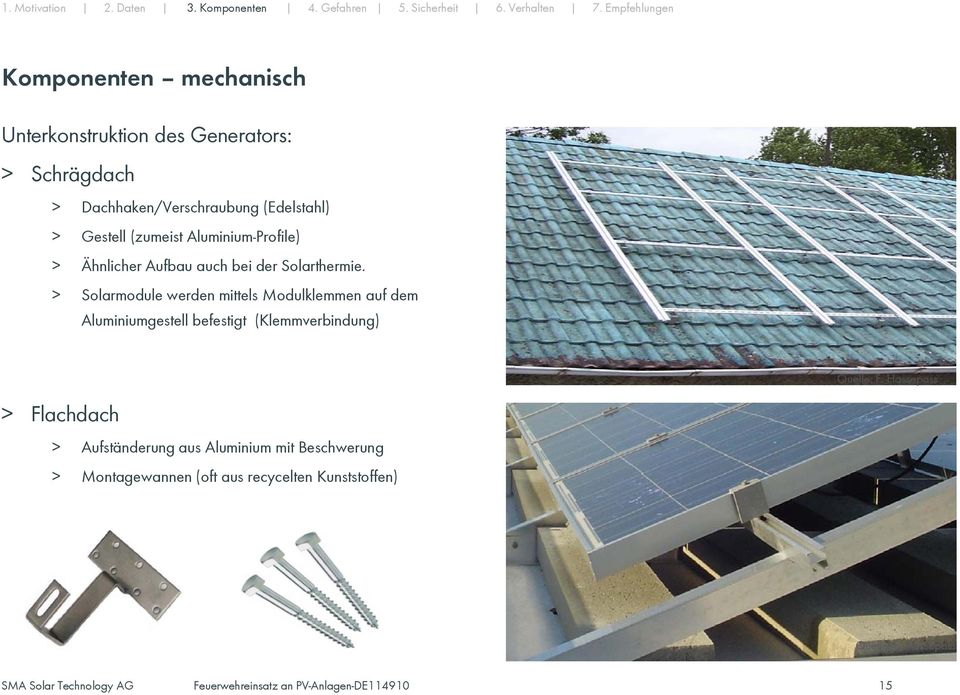 > Solarmodule werden mittels Modulklemmen auf dem Aluminiumgestell befestigt (Klemmverbindung) Quelle: F.