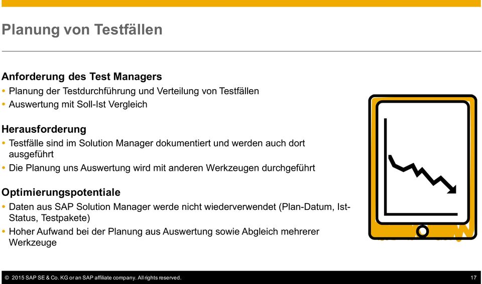 Werkzeugen durchgeführt Optimierungspotentiale Daten aus SAP Solution Manager werde nicht wiederverwendet (Plan-Datum, Ist- Status, Testpakete)