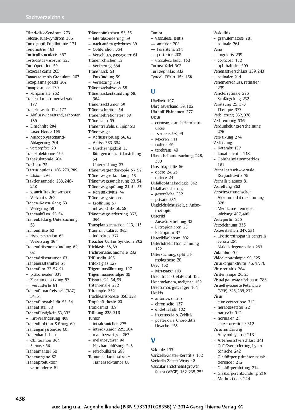 Mukopolysaccharid- Ablagerung 201 verstopftes 201 Trabekulektomie 195 Trabekulotomie 204 Trachom 75 Tractus opticus 166, 270, 289 Läsion 294 Traktionsamotio 238, 246 248 s.