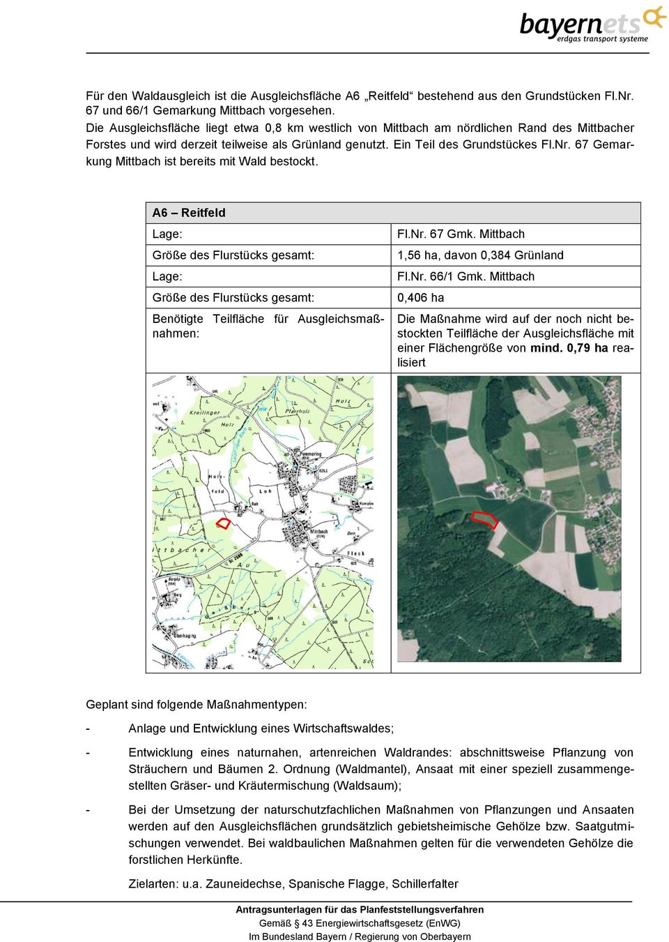 67 Gemarkung Mittbach ist bereits mit Wald bestockt. A6 Reitfeld Benötigte Teilfläche für Ausgleichsmaßnahmen: Fl.Nr. 67 Gmk. Mittbach 1,56 ha, davon 0,384 Grünland Fl.Nr. 66/1 Gmk.