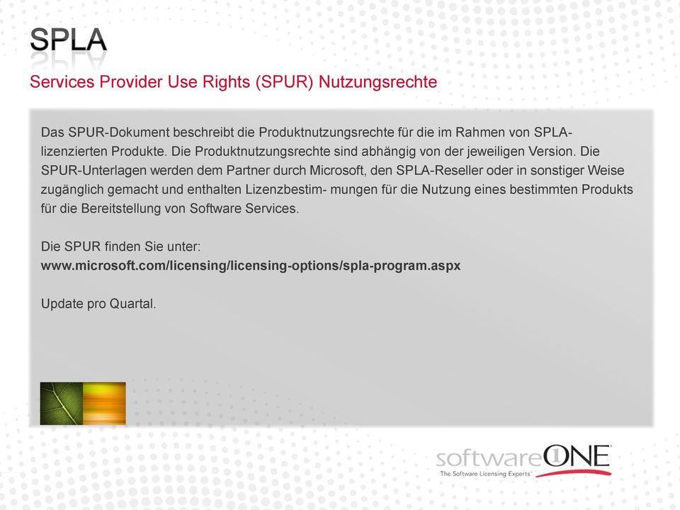 Die SPUR-Unterlagen werden dem Partner durch Microsoft, den SPLA-Reseller oder in sonstiger Weise zugänglich gemacht und enthalten