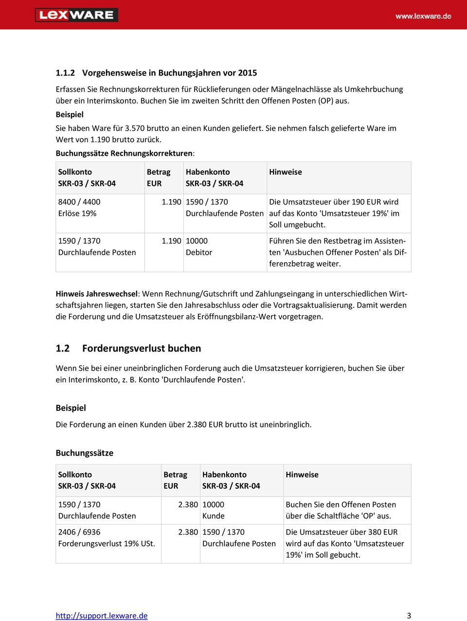 Buchungssätze Rechnungskorrekturen: Sollkonto Betrag EUR Habenkonto Hinweise 8400 / 4400 Erlöse 19% 1590 / 1370 Durchlaufende Posten 1.190 1590 / 1370 Durchlaufende Posten 1.
