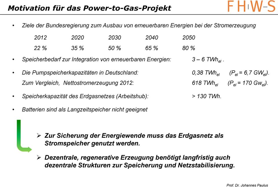 Zum Vergleich, Nettostromerzeugung 2012: 618 TWh el (P el = 170 Gw el ). Speicherkapazität des Erdgasnetzes (Arbeitshub): > 130 TWh.