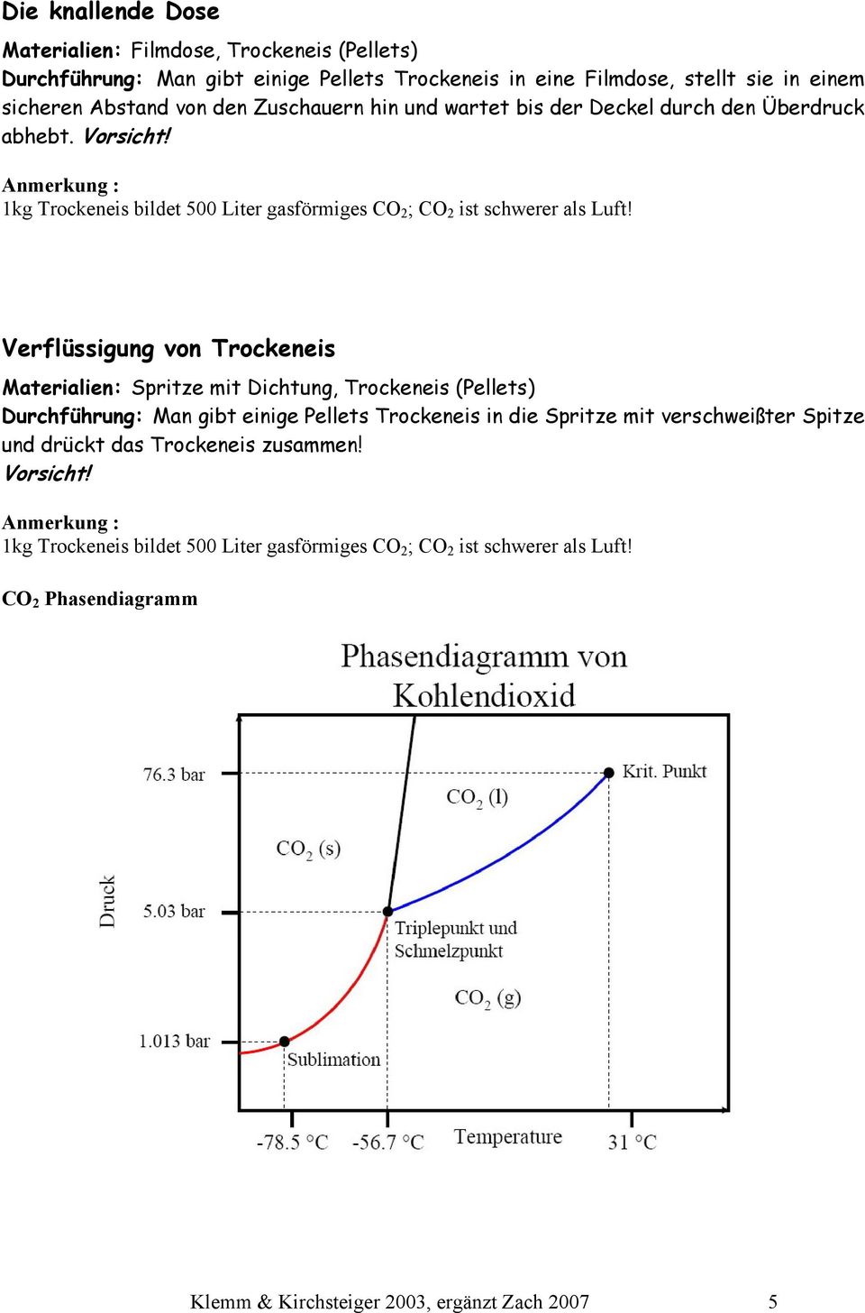 Verflüssigung von Trockeneis Materialien: Spritze mit Dichtung, Trockeneis (Pellets) Durchführung: Man gibt einige Pellets Trockeneis in die Spritze mit verschweißter