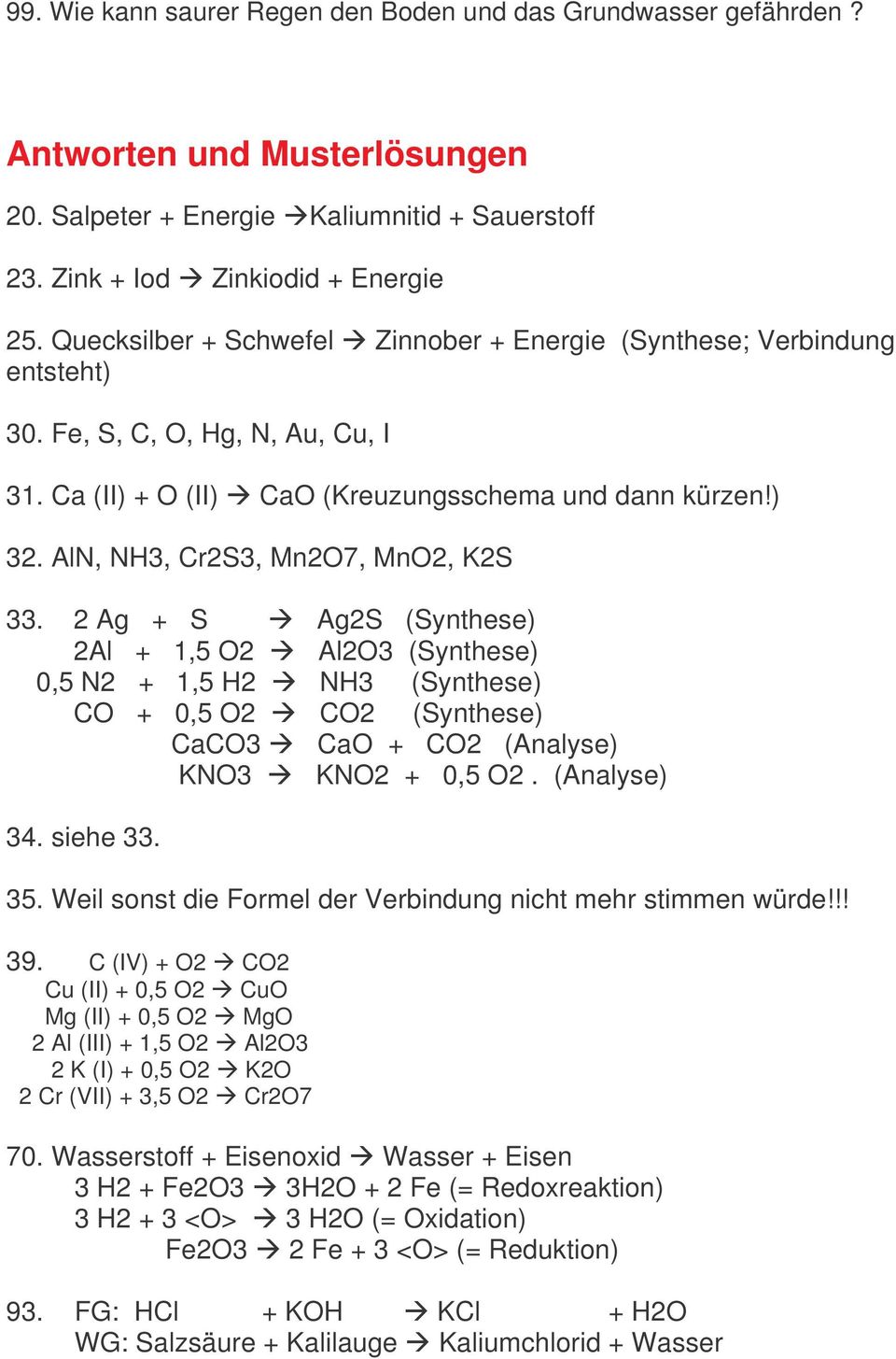 AlN, NH3, Cr2S3, Mn2O7, MnO2, K2S 33. 2 Ag + S Ag2S (Synthese) 2Al + 1,5 O2 Al2O3 (Synthese) 0,5 N2 + 1,5 H2 NH3 (Synthese) CO + 0,5 O2 CO2 (Synthese) CaCO3 CaO + CO2 (Analyse) KNO3 KNO2 + 0,5 O2.