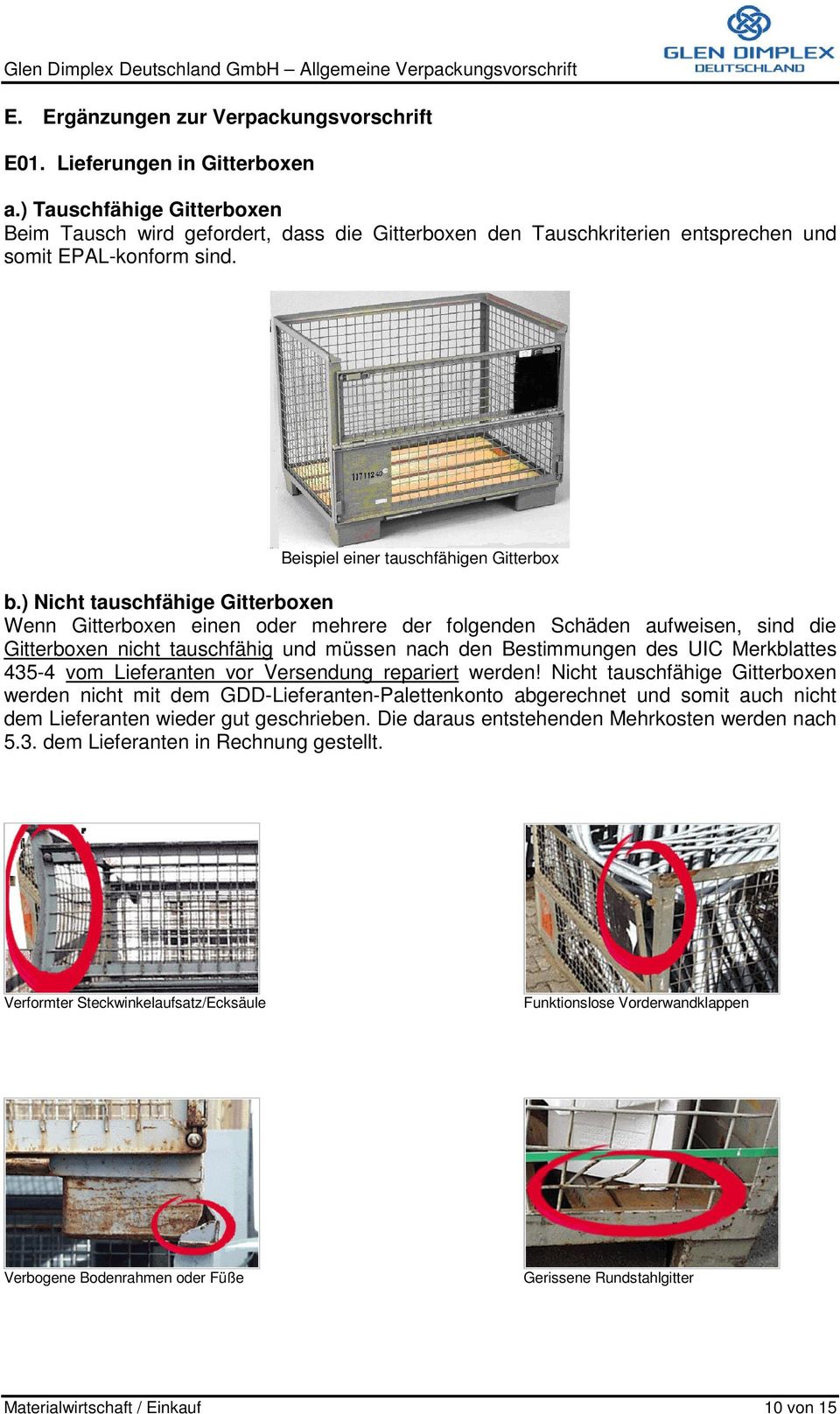 ) Nicht tauschfähige Gitterboxen Wenn Gitterboxen einen oder mehrere der folgenden Schäden aufweisen, sind die Gitterboxen nicht tauschfähig und müssen nach den Bestimmungen des UIC Merkblattes 435-4