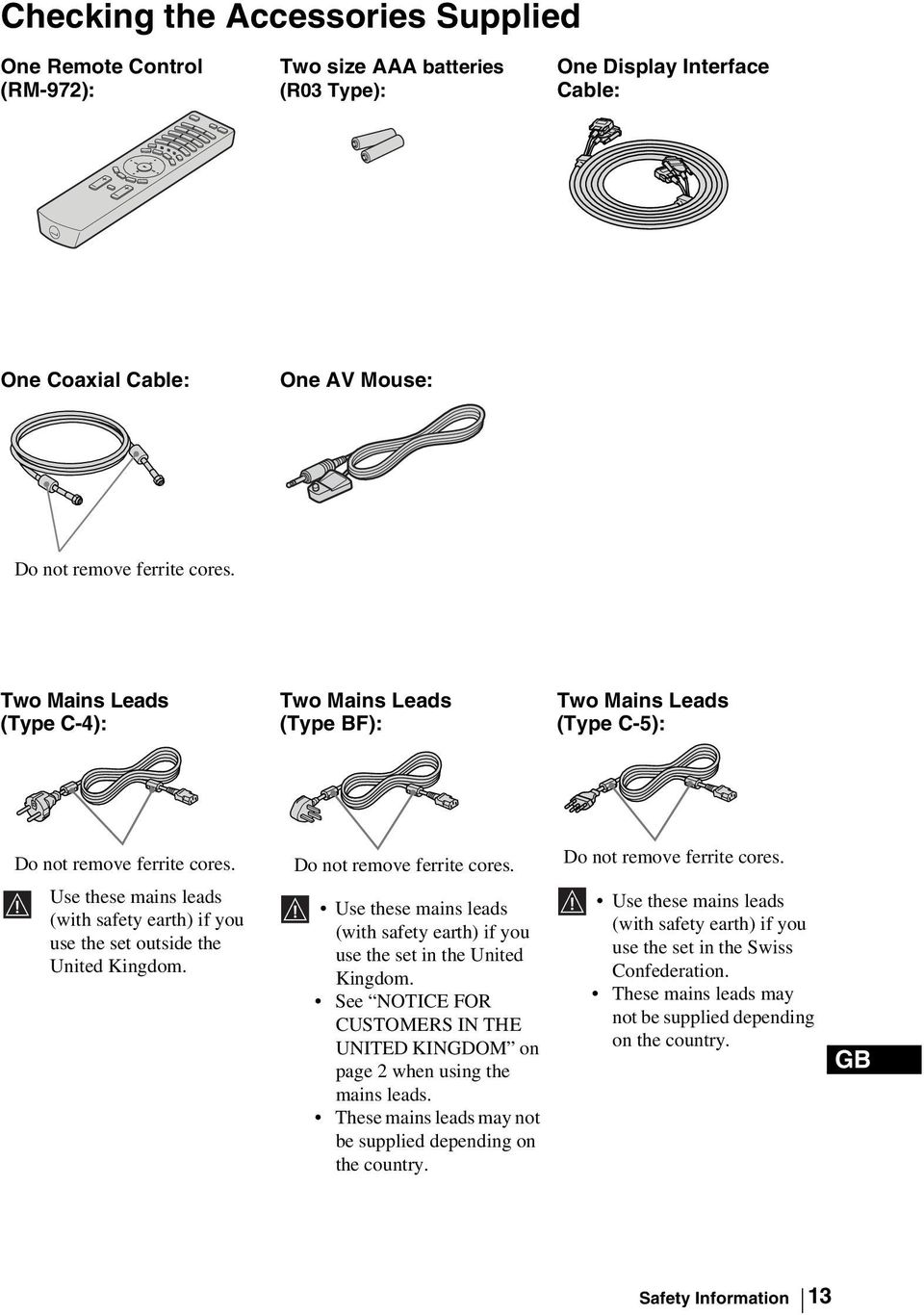 Do not remove ferrite cores. Use these mains leads (with safety earth) if you use the set in the United Kingdom. See NOTICE FOR CUSTOMERS IN THE UNITED KINGDOM on page 2 when using the mains leads.
