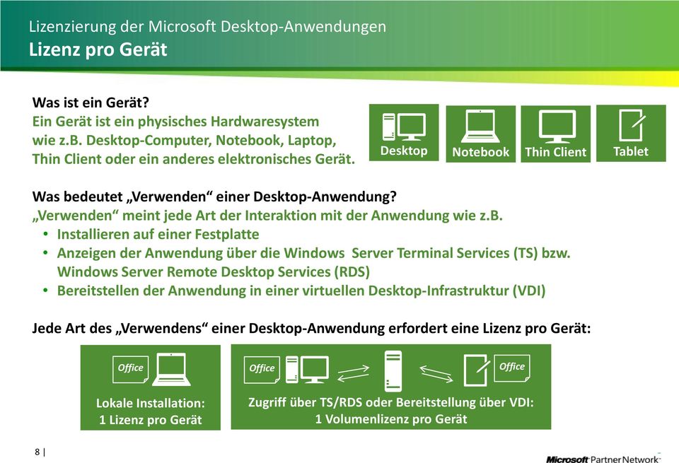 Verwenden meint jede Art der Interaktion mit der Anwendung wie z.b. Installieren auf einer Festplatte Anzeigen der Anwendung über die Windows Server Terminal Services (TS) bzw.