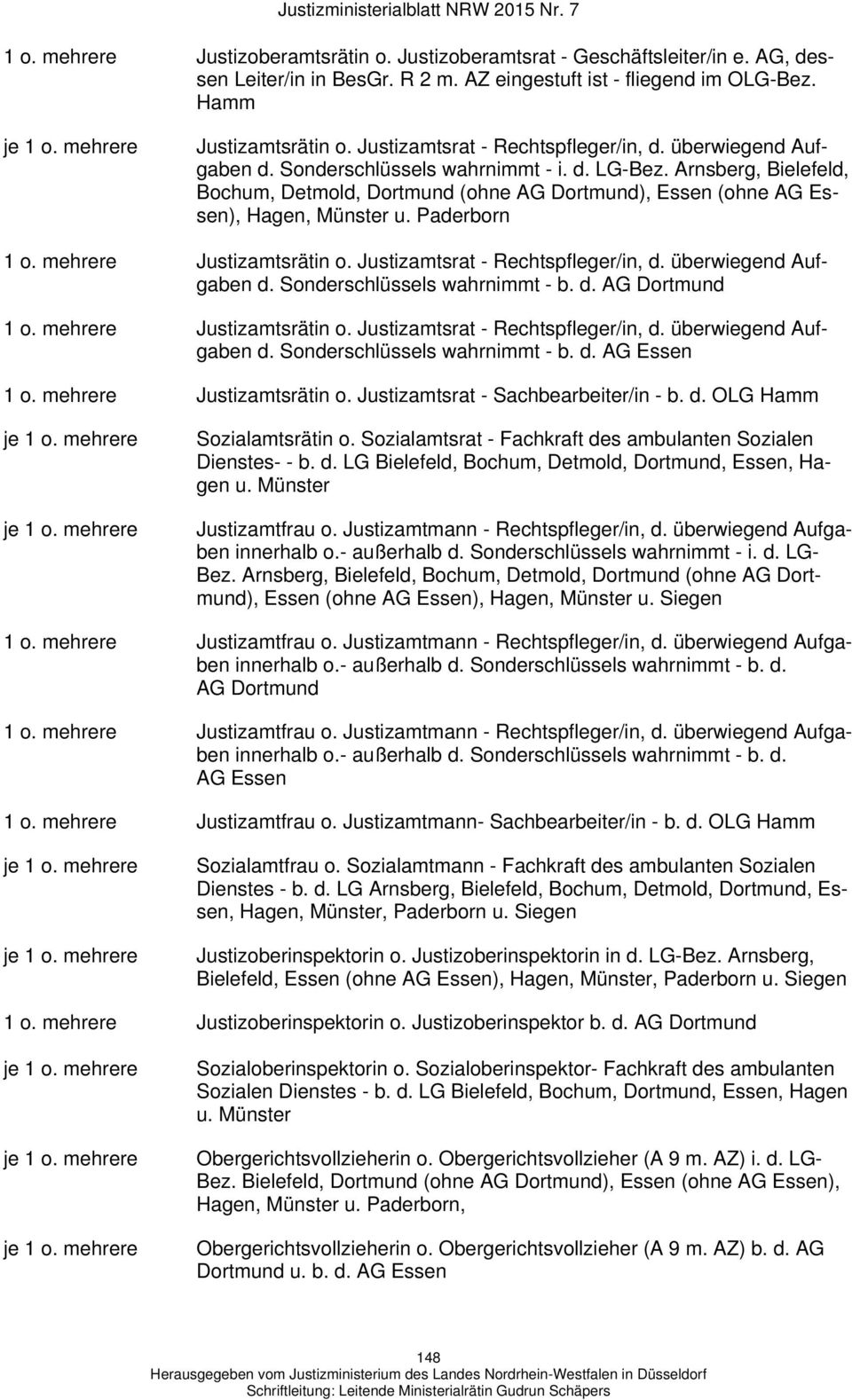 Arnsberg, Bielefeld, Bochum, Detmold, Dortmund (ohne AG Dortmund), Essen (ohne AG Essen), Hagen, Münster u. Paderborn 1 o. mehrere Justizamtsrätin o. Justizamtsrat - Rechtspfleger/in, d.