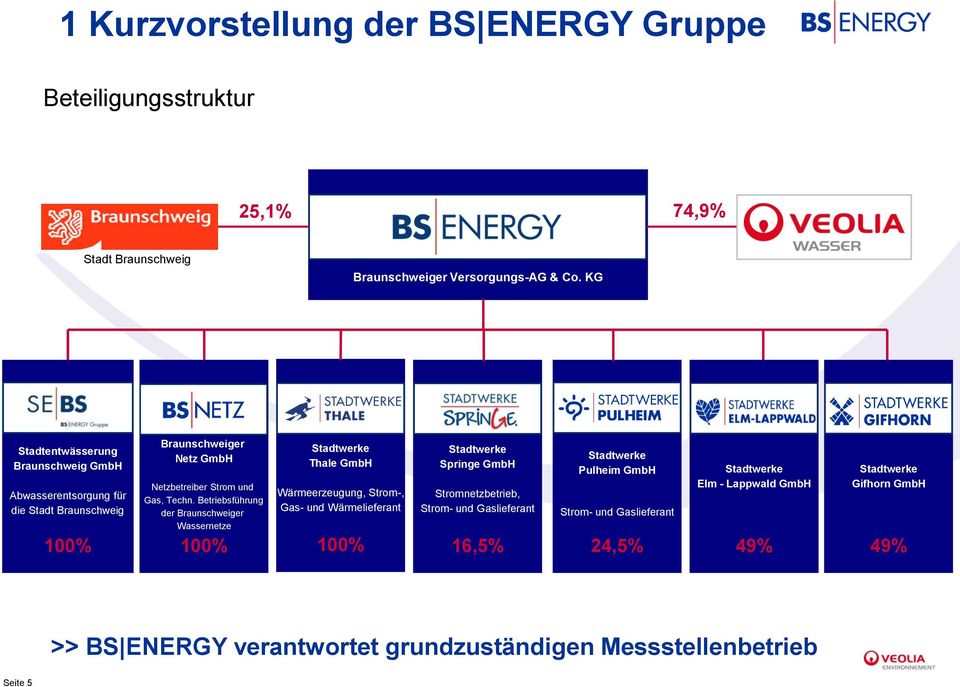 Betriebsführung der Braunschweiger Wassernetze 100% Stadtwerke Thale GmbH Wärmeerzeugung, Strom-, Gas- und Wärmelieferant 100% Stadtwerke Springe GmbH