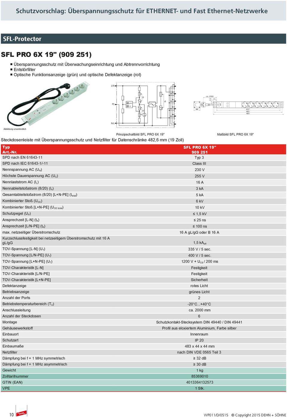 909 251 SPD nach EN 61643-11 3 SPD nach IEC 61643-1/-11 Nennspannung AC (U N ) Höchste Dauerspannung AC (U C ) Nennlaststrom AC (I L ) Nennableitstoßstrom (8/20) (I n ) Gesamtableitstoßstrom (8/20)