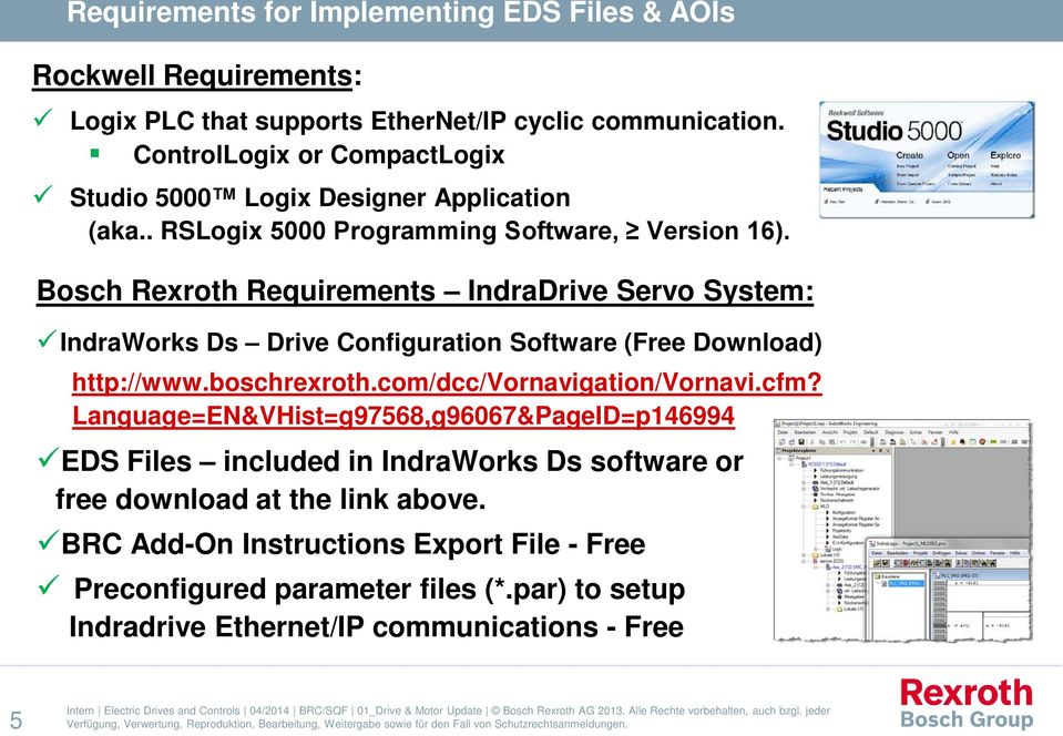 Bosch Rexroth Requirements IndraDrive Servo System: IndraWorks Ds Drive Configuration Software (Free Download) http://www.boschrexroth.com/dcc/vornavigation/vornavi.cfm?