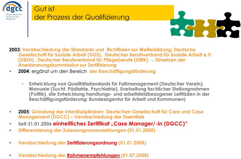 Qualitätsstandards für Fallmanagement (Deutscher Verein), Manuale (Sucht, Pädiatrie, Psychiatrie), Erarbeitung fachlicher Stellungnahmen (Politik), die Entwicklung handlungs- und arbeitsfeldbezogener
