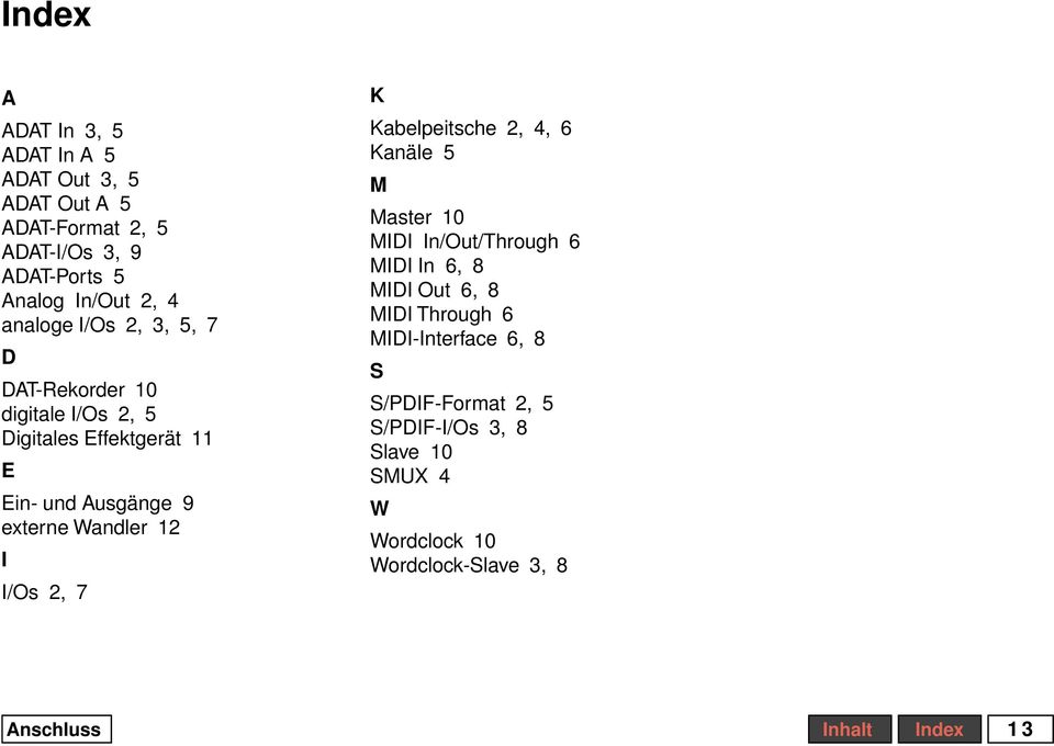 12 I I/Os 2, 7 K Kabelpeitsche 2, 4, 6 Kanäle 5 M Master 10 MIDI In/Out/Through 6 MIDI In 6, 8 MIDI Out 6, 8 MIDI Through 6