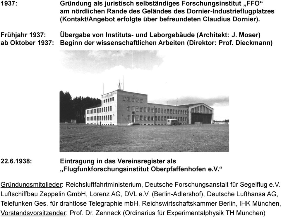 1938: Eintragung in das Vereinsregister als Flugfunkforschungsinstitut Oberpfaffenhofen e.v. Gründungsmitglieder: Reichsluftfahrtministerium, Deutsche Forschungsanstalt für Segelflug e.v. Luftschiffbau Zeppelin GmbH, Lorenz AG, DVL e.