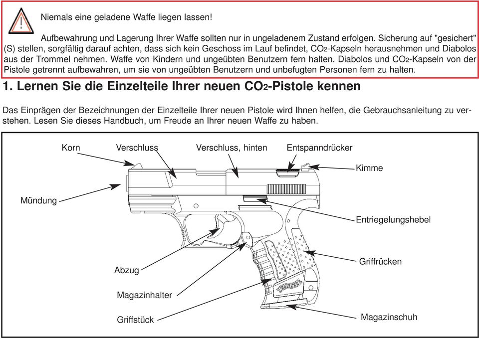 Waffe von Kindern und ungeübten Benutzern fern halten. Diabolos und CO2-Kapseln von der Pistole getrennt aufbewahren, um sie von ungeübten Benutzern und unbefugten Personen fern zu halten. 1.