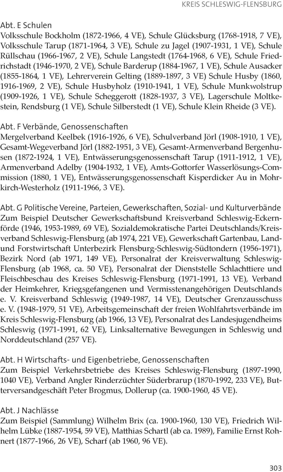 (1860, 1916-1969, 2 VE), Schule Husbyholz (1910-1941, 1 VE), Schule Munkwolstrup (1909-1926, 1 VE), Schule Scheggerott (1828-1937, 3 VE), Lagerschule Moltkestein, Rendsburg (1 VE), Schule Silberstedt