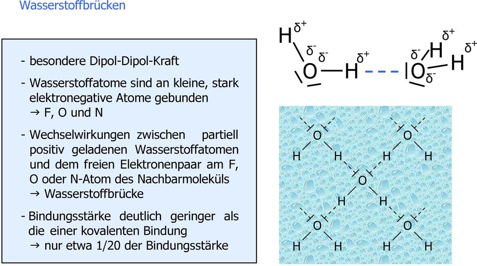 Elektronenpaar am F, O oder N-Atom des Nachbarmoleküls Wasserstoffbrücke - Bindungsstärke deutlich geringer als die