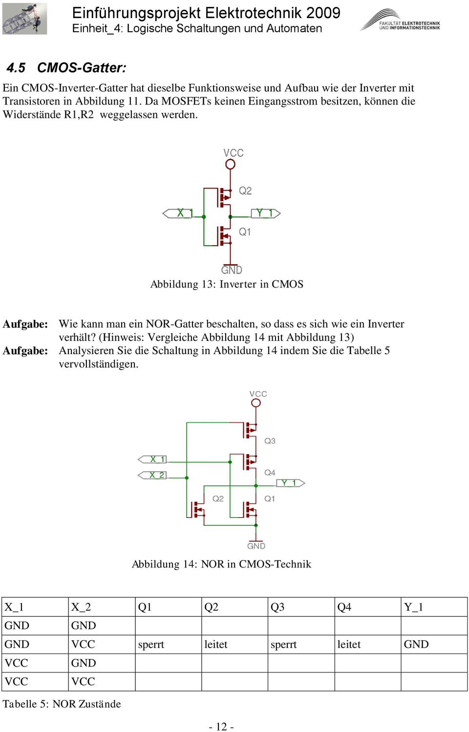 Abbildung 13: Inverter in CMOS Aufgabe: Wie kann man ein NOR-Gatter beschalten, so dass es sich wie ein Inverter verhält?