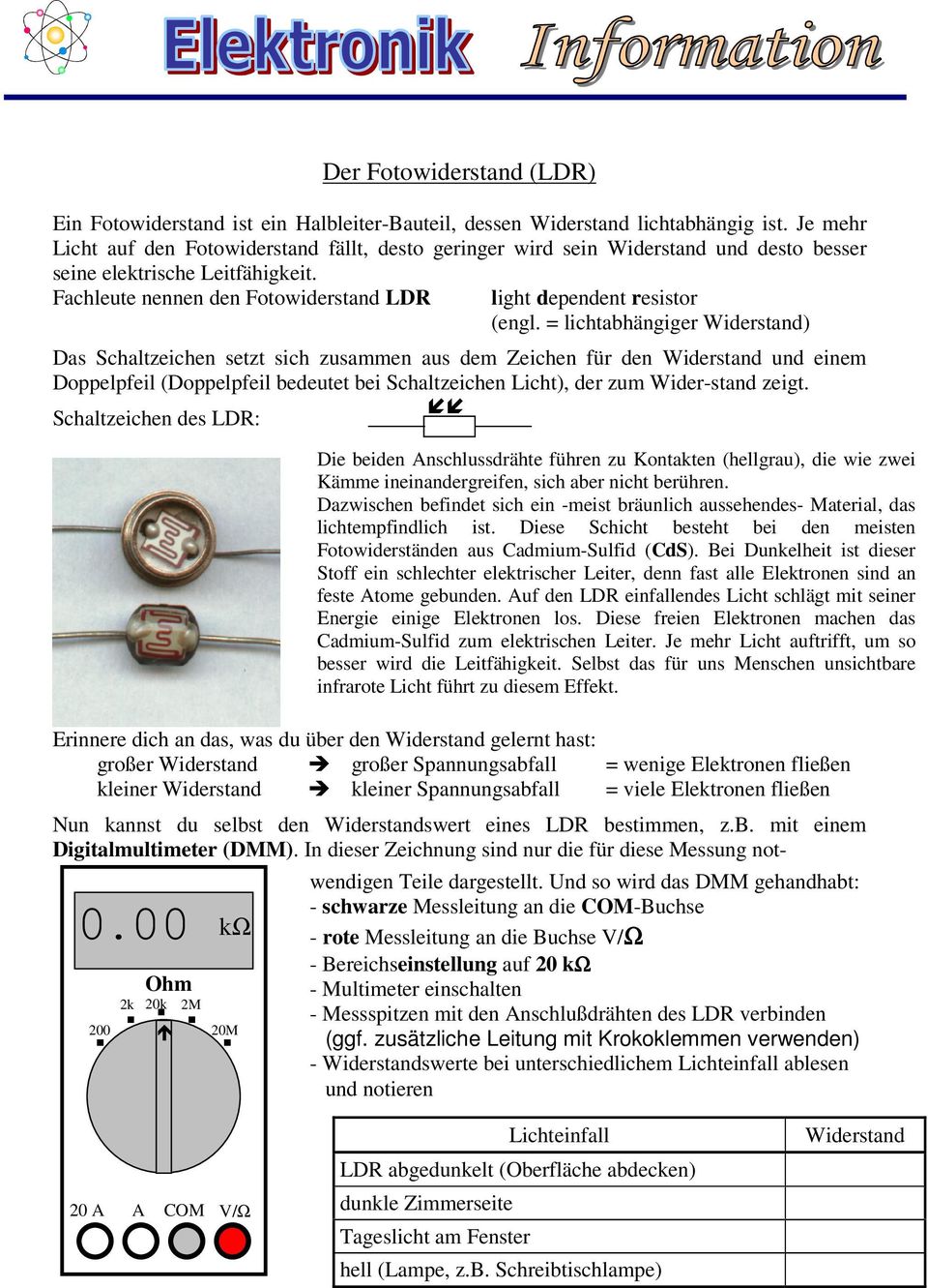 Fachleute nennen den Fotowiderstand LDR light dependent resistor (engl.