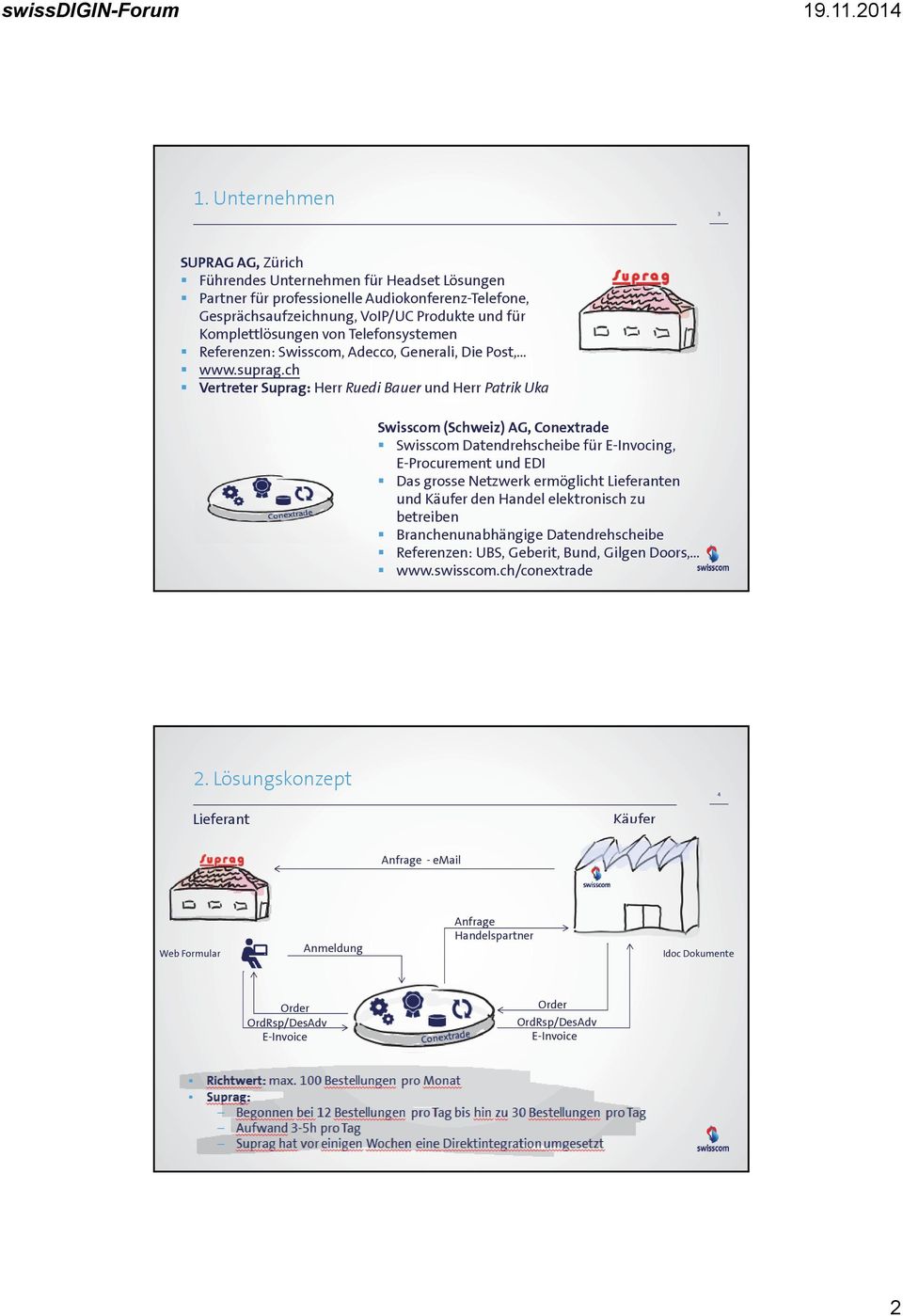 ch Vertreter Suprag: Herr Ruedi Bauer und Herr Patrik Uka Swisscom (Schweiz) AG, Conextrade Swisscom Datendrehscheibe für E-Invocing, E-Procurement und EDI Das grosse Netzwerk ermöglicht Lieferanten