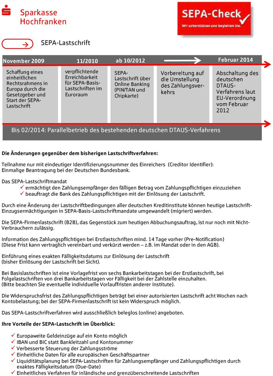 DTAUS- Verfahrens laut EU-Verordnung vom Februar 2012 Bis 02/2014: Parallelbetrieb des bestehenden deutschen DTAUS-Verfahrens Die Änderungen gegenüber dem bisherigen Lastschriftverfahren: Teilnahme