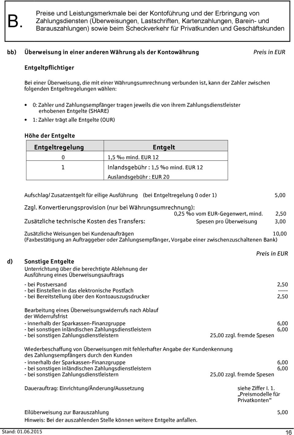 Entgeltregelung 0 1,5 %o mind. EUR 12 Entgelt 1 Inlandsgebühr : 1,5 %o mind. EUR 12 Auslandsgebühr : EUR 20 Aufschlag/ Zusatzentgelt für eilige Ausführung (bei Entgeltregelung 0 oder 1) 5,00 Zzgl.