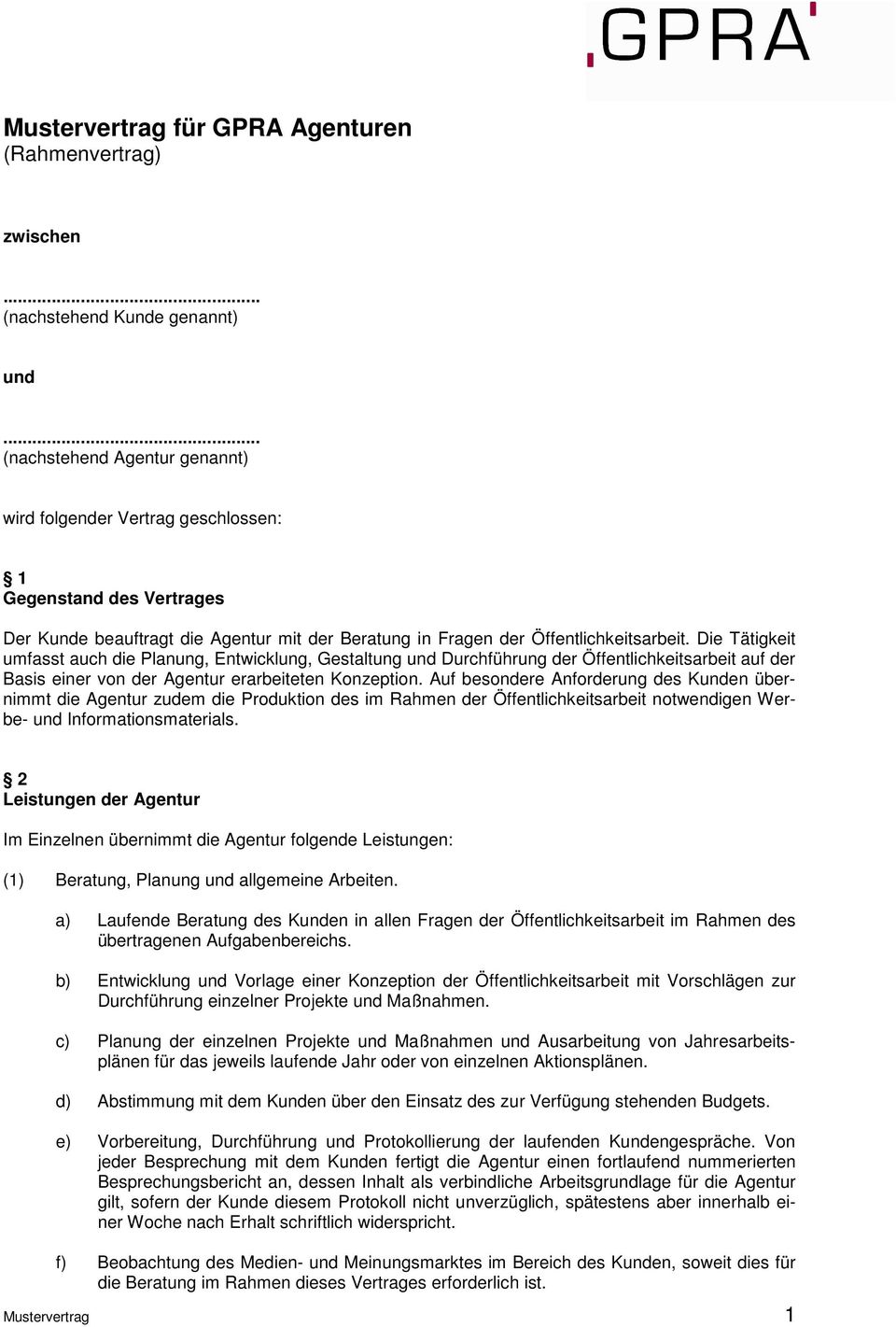 Mustervertrag Für Gpra Agenturen Rahmenvertrag Pdf