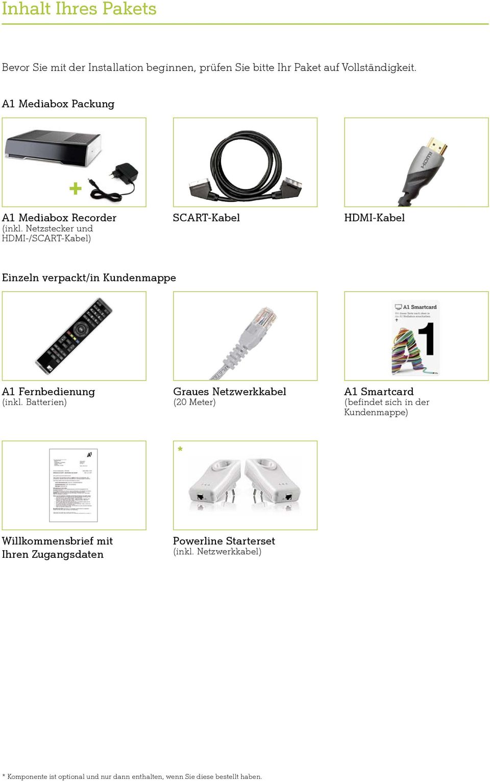 Netzstecker und HDMI-/SCART-Kabel) SCART-Kabel HDMI-Kabel Einzeln verpackt/in Kundenmappe A1 Fernbedienung (inkl.