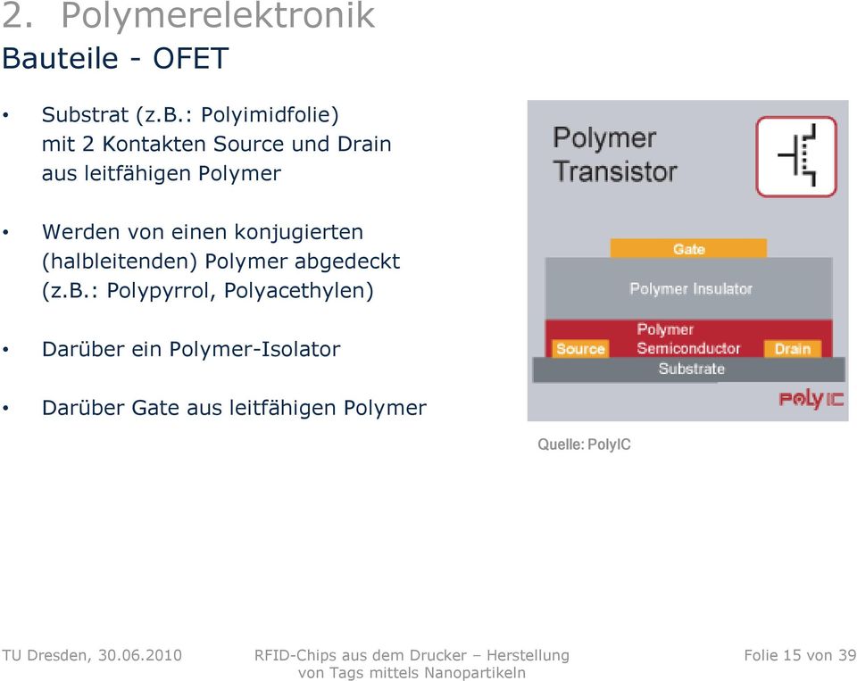 : Polyimidfolie) mit 2 Kontakten Source und Drain aus leitfähigen Polymer