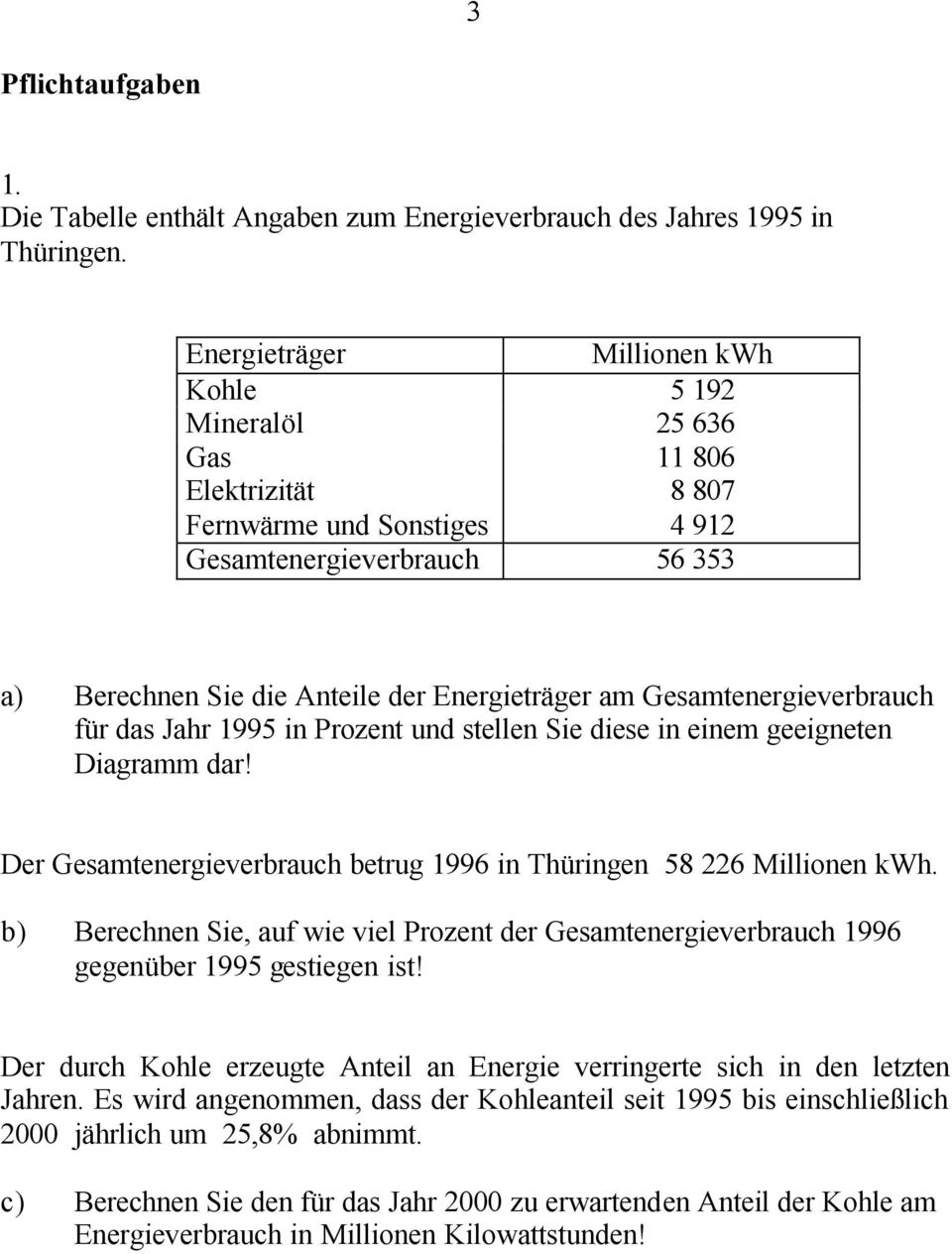 Gesamtenergieverbrauch für das Jahr 1995 in Prozent und stellen Sie diese in einem geeigneten Diagramm dar! Der Gesamtenergieverbrauch betrug 1996 in Thüringen 58 226 Millionen kwh.