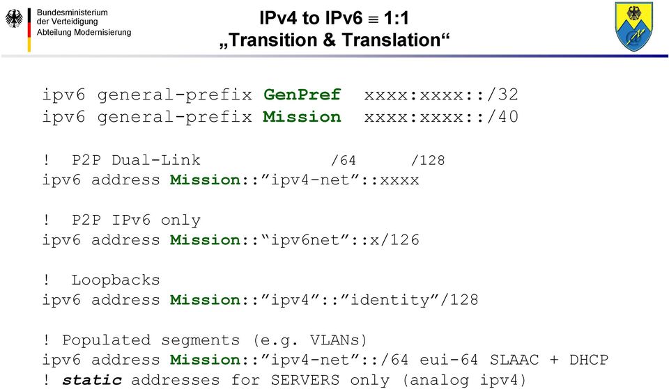 P2P IPv6 only ipv6 address Mission:: ipv6net ::x/126! Loopbacks ipv6 address Mission:: ipv4 :: identity /128!