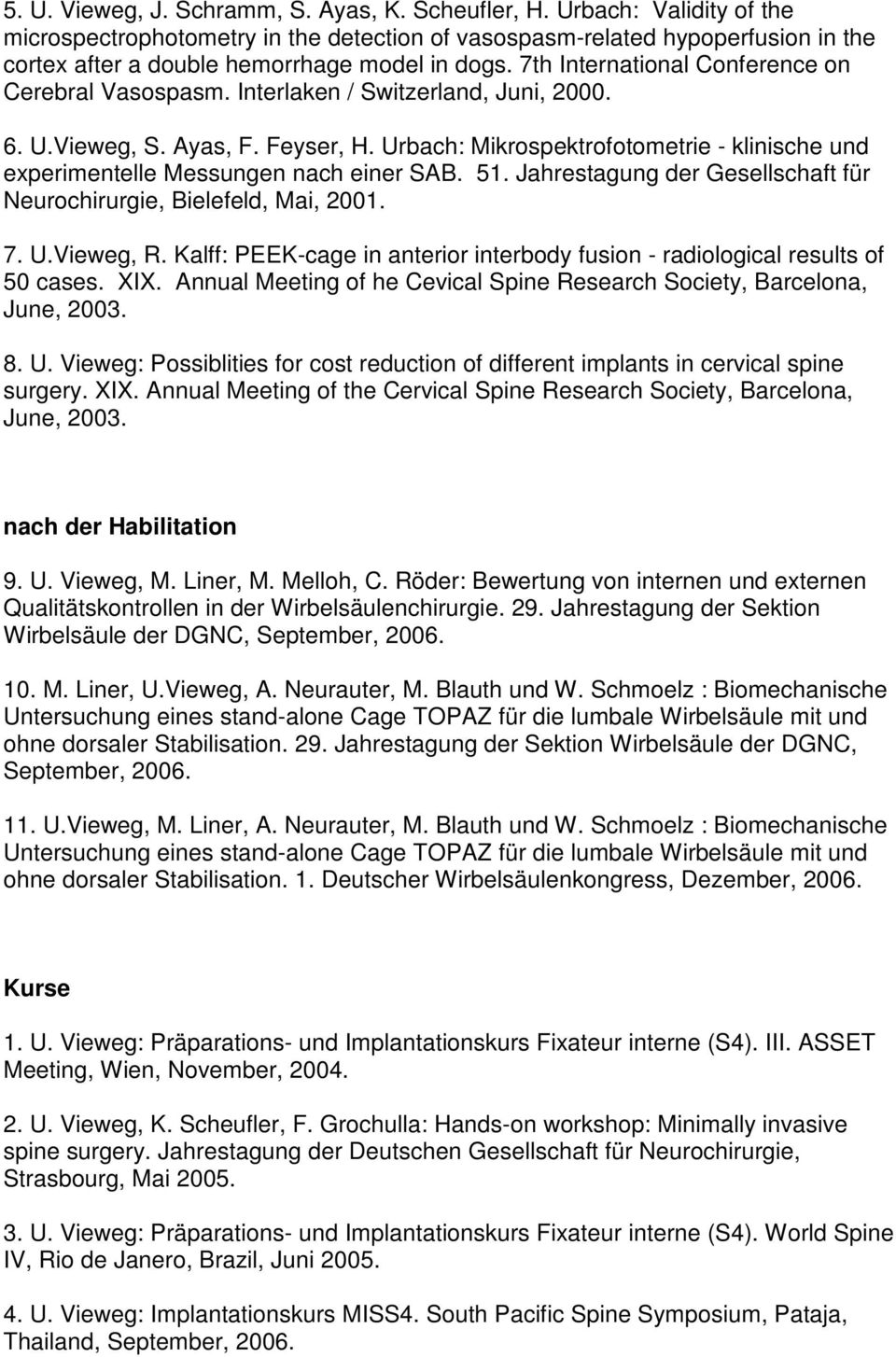 7th International Conference on Cerebral Vasospasm. Interlaken / Switzerland, Juni, 2000. 6. U.Vieweg, S. Ayas, F. Feyser, H.