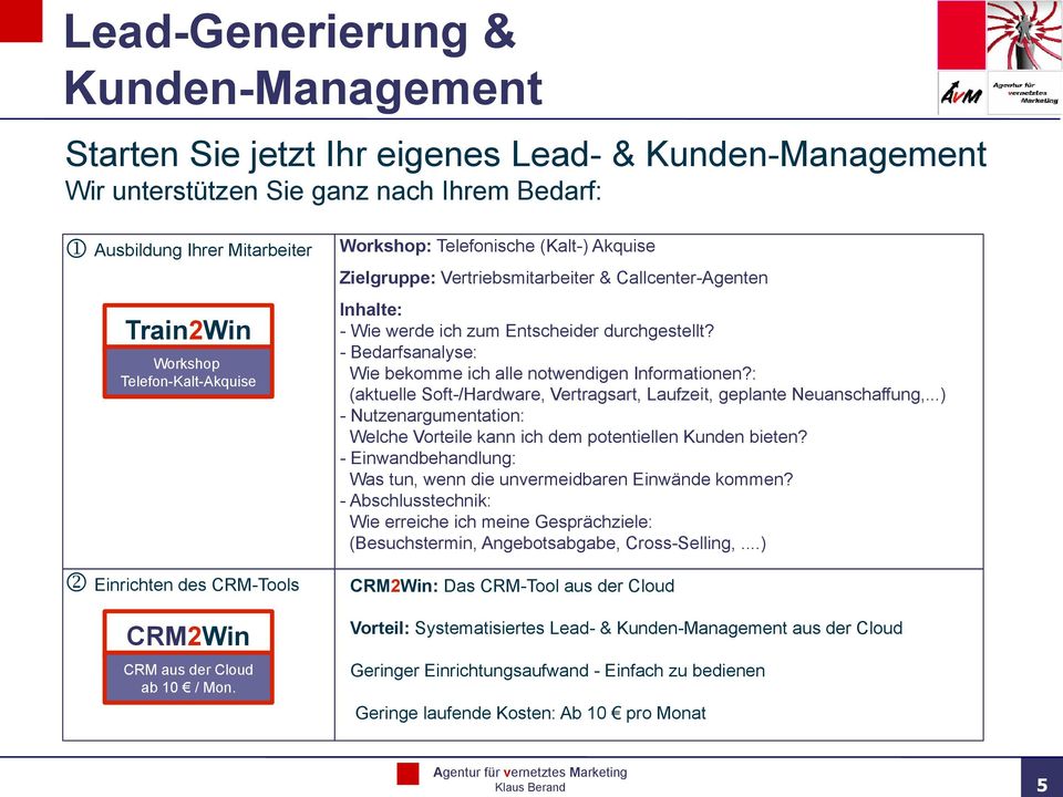 Workshop: Telefonische (Kalt-) Akquise Zielgruppe: Vertriebsmitarbeiter & Callcenter-Agenten Inhalte: - Wie werde ich zum Entscheider durchgestellt?