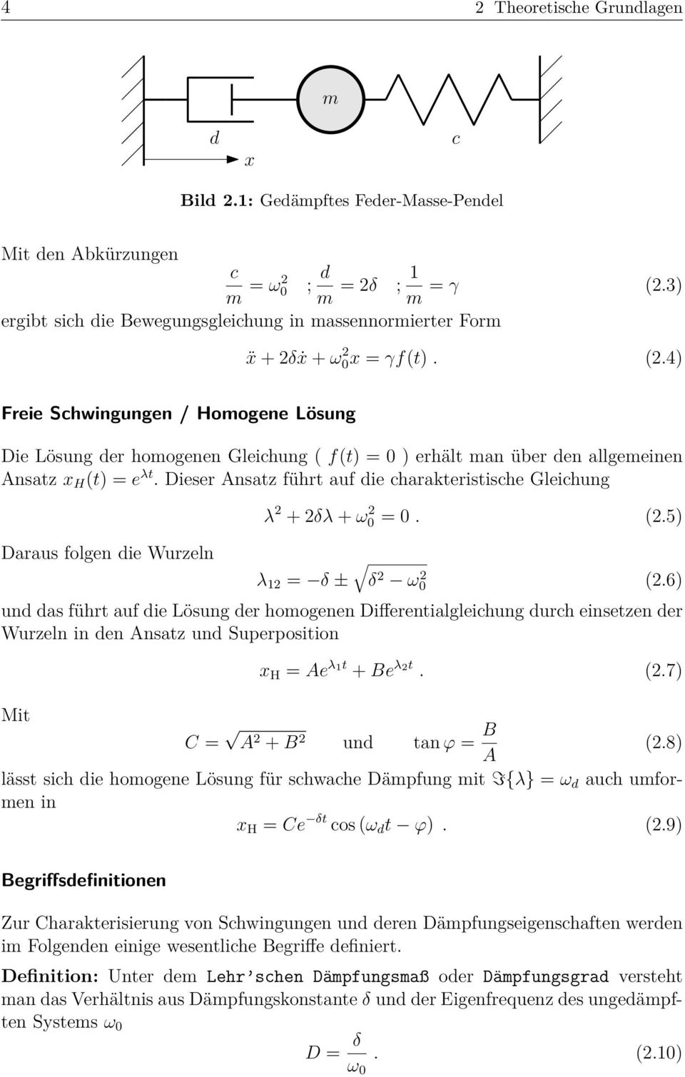 4) Freie Schwingungen / Homogene Lösung Die Lösung der homogenen Gleichung ( f(t) = 0 ) erhält man über den allgemeinen Ansatz x H (t) = e λt.