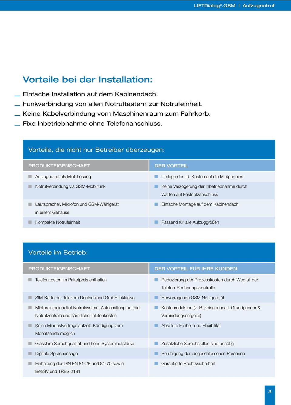 Vorteile, die nicht nur Betreiber überzeugen: Produkteigenschaft Aufzugnotruf als Miet-Lösung Notrufverbindung via GSM-Mobilfunk Lautsprecher, Mikrofon und GSM-Wählgerät in einem Gehäuse Kompakte