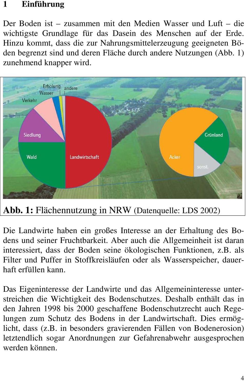 1: Flächennutzung in NRW (Datenquelle: LDS 2002) Die Landwirte haben ein großes Interesse an der Erhaltung des Bodens und seiner Fruchtbarkeit.