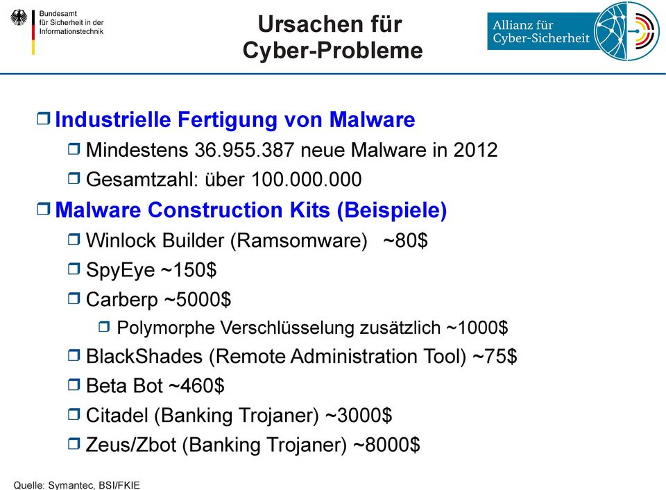 000 Malware Construction Kits (Beispiele) Winlock Builder (Ramsomware) ~80$ SpyEye ~150$ Carberp ~5000$