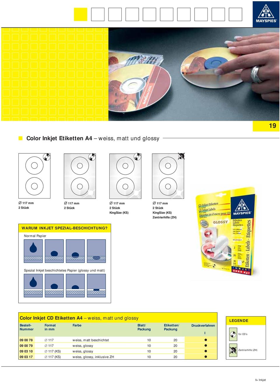 Normal Papier Spezial Inkjet beschichtetes Papier (glossy und matt) Color Inkjet CD Etiketten A4 weiss, matt und glossy Bestell- Format Farbe Blatt/ Etiketten/ Nummer in mm Packung Packung 09