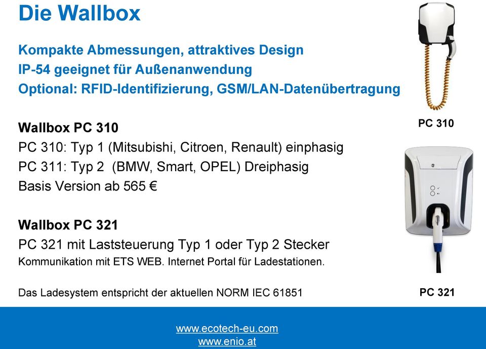 OPEL) Dreiphasig Basis Version ab 565 PC 310 Wallbox PC 321 PC 321 mit Laststeuerung Typ 1 oder Typ 2 Stecker Kommunikation