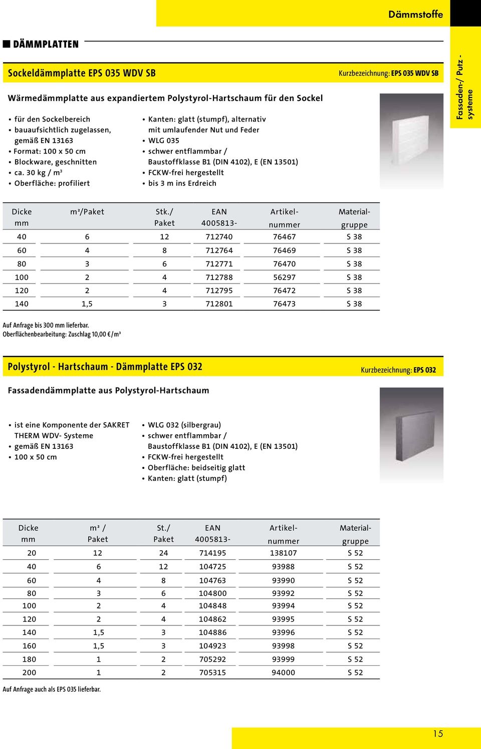 30 kg / m 3 Oberfläche: profiliert Kanten: glatt (stumpf), alternativ mit umlaufender Nut und Feder WLG 035 schwer entflammbar / Baustoffklasse B1 (DIN 4102), E (EN 13501) FCKW-frei hergestellt bis 3
