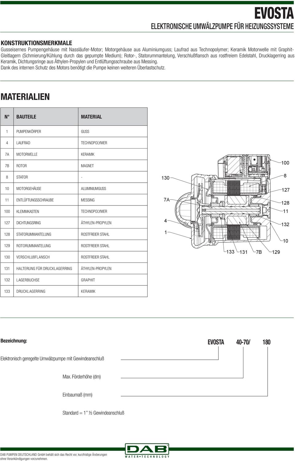 aus Äthylen-Propylen und Entlüftungsschraube aus Messing. Dank des internen Schutz des Motors benötigt die Pumpe keinen weiteren Überlastschutz.